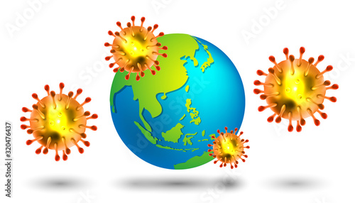 Group of Coronaviruses 3d realistic vector with world in white background. corona virus cell, wuhan virus disease. Perfect for banner information, flyer, poster, etc.