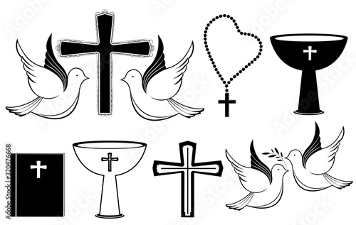 Set of christian black white icons for Christening, Resurrection, Easter. Cross, dove, rosary, baptismal bowl, Bible.