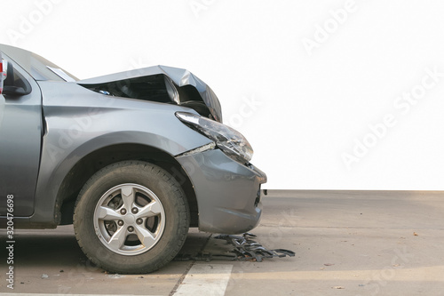 Front of black car get damaged by accident on road. Isolated on white background