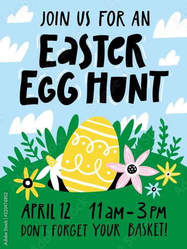 Easter egg hunt invitation or poster template with flowers, egg, elements composition. 