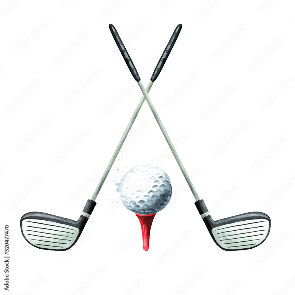 Golf Clubs And Ball Hand Drawn Watercolor Illustration Isolated On 