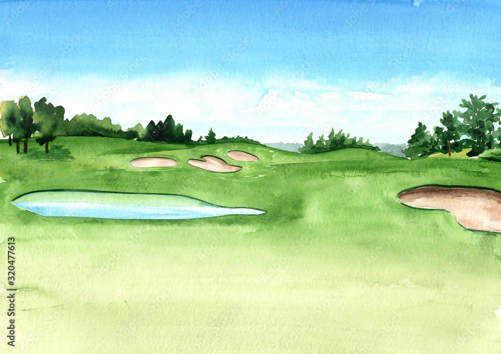 View of golf course with beautiful green field with a rich turf and small lake. Hand drawn watercolor illustration and background