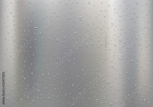 Drops of water on a polished metal plate.