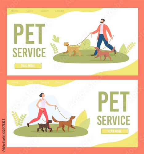 Dog Walker, Pet Service Trendy Flat Vector Web Banner, Landing Page Template. Female, Male Gog Walkers, Man and Woman Going in Dog Playground with Terrier and Labrador Retriever on Leash Illustration