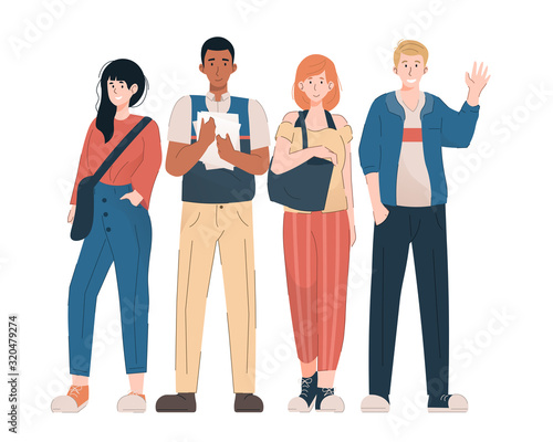 Group of smiling teenage girls and boys. Happy students in casual clothes. Education and youth concept