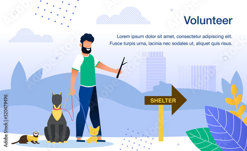 Volunteer Work in Shelter for Stray Animals, Rescuing Pets Trendy Flat Vector Banner, Poster Template. Male Volunteer, Man Walking in City Park with Homeless Dogs and Ferreting on Leash Illustration