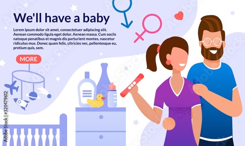Internet Startup for Future Parents or Pregnant Trendy Flat Vector Web Banner, Landing Page Template. Pregnant Woman Showing Pregnancy Test to Husband, Couple Preparing to Childbirth Illustration
