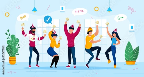 Holiday Celebration, Corporate Party Trendy Flat Vector Concept. IT Company Employees, Software Developers, Programmers Team Having Fun, Dancing Together with Sparklers in Hands in Office Illustration