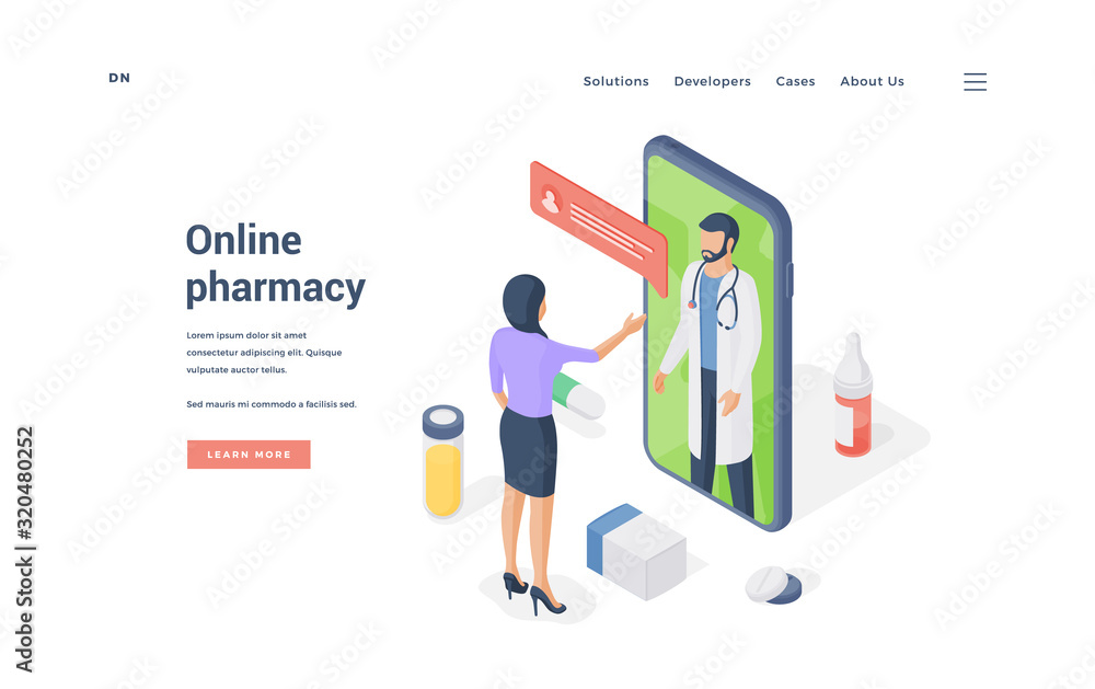 Woman ordering medicine online on smartphone. Isometric vector illustration