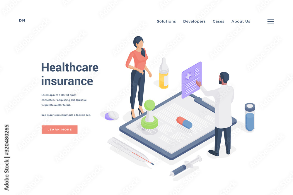 Woman ordering healthcare insurance from agent. Isometric vector illustration Woman ordering healthcare insurance from agent. Isometric vector illustration
