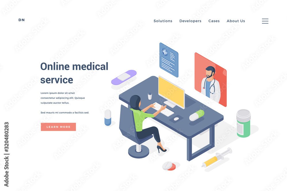 Woman using online medical service. Isometric vector illustration Woman using online medical service. Isometric vector illustration
