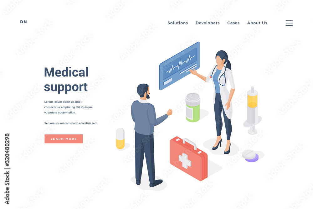 Man consulting with female doctor. Isometric vector illustration Man consulting with female doctor. Isometric vector illustration