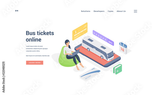 Woman booking bus tickets online. Isometric vector illustration