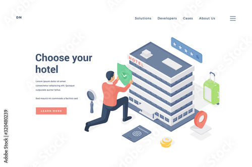 Man choosing and approving hotel. Isometric vector illustration