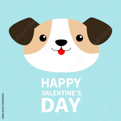 Happy Valentines Day. Dog face head round icon. Cute cartoon kawaii funny baby character. White puppy pooch. Flat design style. Help homeless animal. Adopt me. Pet adoption. Blue background.