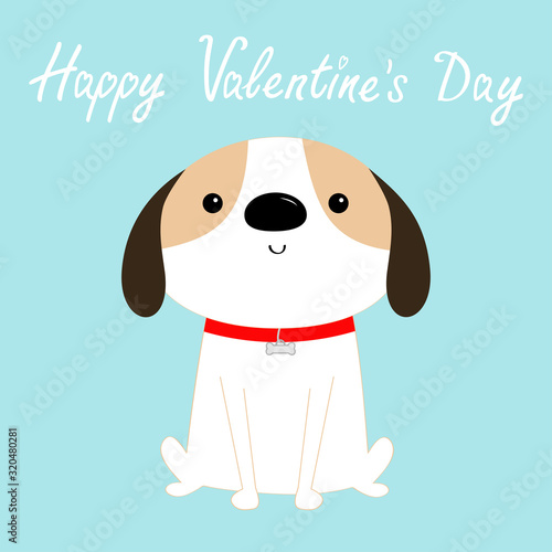 Happy Valentines Day. Dog sitting. Red collar. White puppy pooch. Cute cartoon kawaii funny baby character. Flat design style. Help homeless animal. Adopt me. Pet adoption. Blue background.
