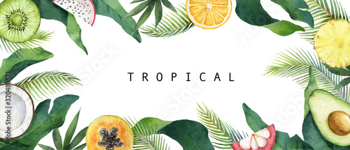 Watercolor vector composition of green tropical leaves and fruits.
