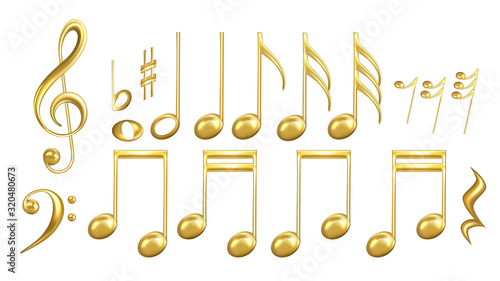 Musical Notes Symbols In Golden Color Set Vector. Collection Of Classic Music Minim And Crotchet, Quaver And Semiquaver, Notes And Treble Clef, Sharp And Minim. Layout 3d Illustrations