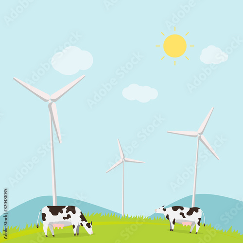 Nature landscape with cows and turbine wind vector illustration.Animal with meadow and mountains in summer.Rural scene ecology concept