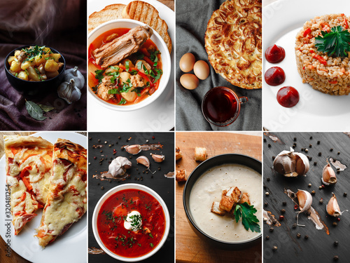 food collage on a light and dark background