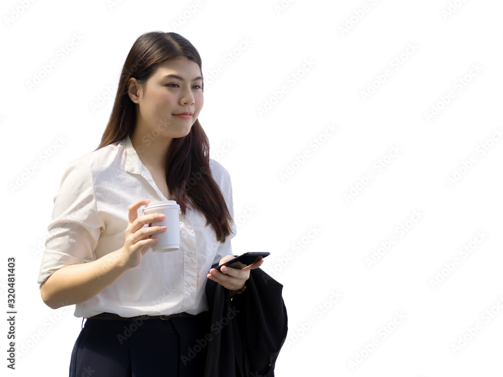 Asian business woman holding coffee paper cup enjoy isolated on white background Asian business woman holding coffee paper cup enjoy isolated on white background