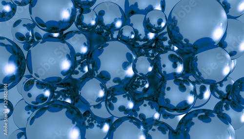 Background of shiny, reflective blue balls. 3D rendering.