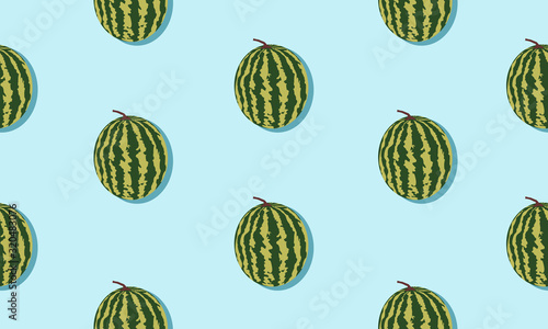 Seamless blue background with watermelons with shadow. Vector fruit design for pattern or template.