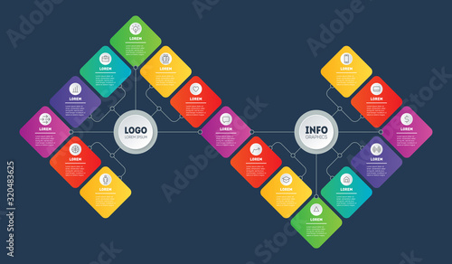 Presentation or infographics with 17 steps. Template of Info graphic for technological or education process with seventeen options. Annual report. Gradual development of business in a crisis.