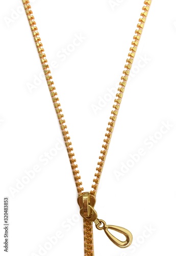 Isolate golden zipper on white background. 