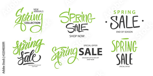 Spring Sale promotional set. Springtime season special offer commercial signs with hand lettering for business, seasonal shopping, sale promotion and advertising. Vector illustration.
