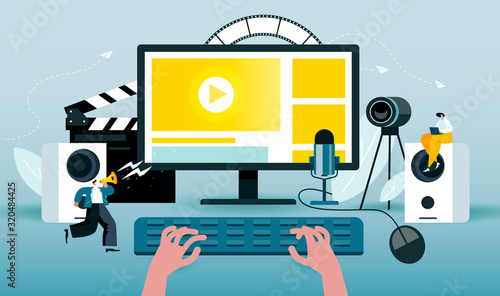 Workplace for freelancer video graphic designer. Movie making software. Video blogger records a call. Little characters on the computer equipment. Blue and yellow colored vector illustration EPS 10