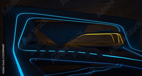 Abstract architectural concrete interior of a minimalist house with colored neon lighting. 3D illustration and rendering.