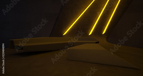 Abstract architectural concrete interior of a minimalist house with colored neon lighting. 3D illustration and rendering.