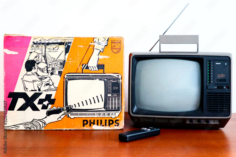 Italy – February 2, 2020: 1970s Retro Old PHILIPS Philetta TX+ 12B912 TV.  The first B/W Portable TV with Remote Control produced by Philips Photos |  Adobe Stock