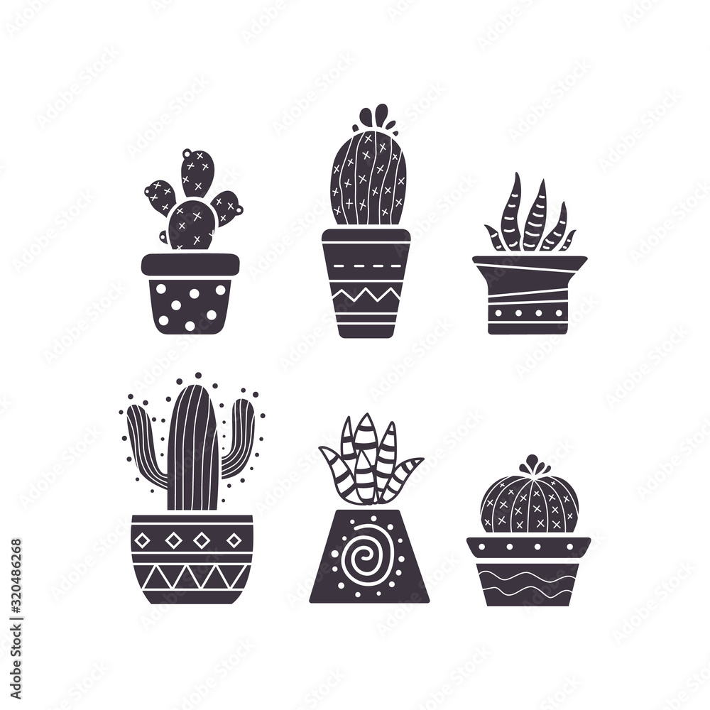 Cactus hand draw icons in cartoon style on white background. Home plants cacti and succulent set. Cactus hand draw icons in cartoon style on white background. Home plants cacti and succulent set.