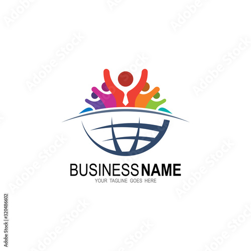 Globe icon design template, Vector world and people logo combination