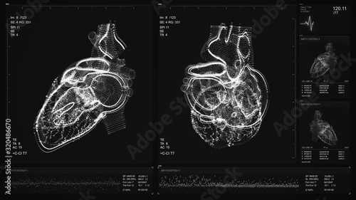 Heart scan screen animation. Blood pressure and heart rate are displayed on a modern and high-tech screen. Health data measuring. Diagnosis of diseases. Futuristic MRI process video. 4K X-ray Concept