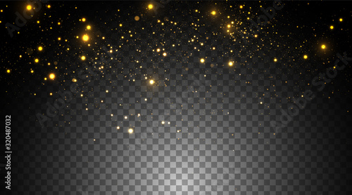 Golden particles, sparkling bokeh lights isolated on transparent background	