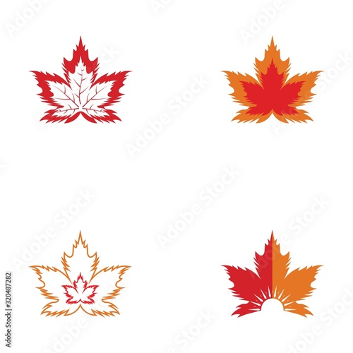 Set of vector illustration icon of autumn red and orange maple leaves with white background