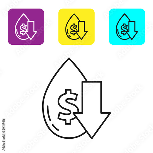 Black line Drop in crude oil price icon isolated on white background. Oil industry crisis concept. Set icons colorful square buttons. Vector Illustration