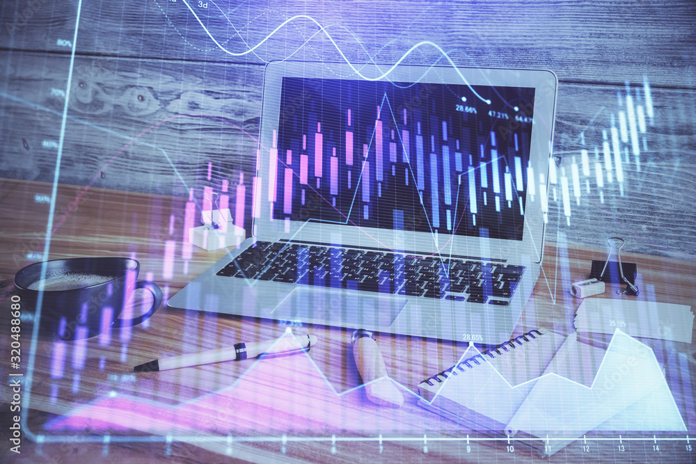 Double exposure of forex chart and work space with computer. Concept of international online trading. Double exposure of forex chart and work space with computer. Concept of international online trading.