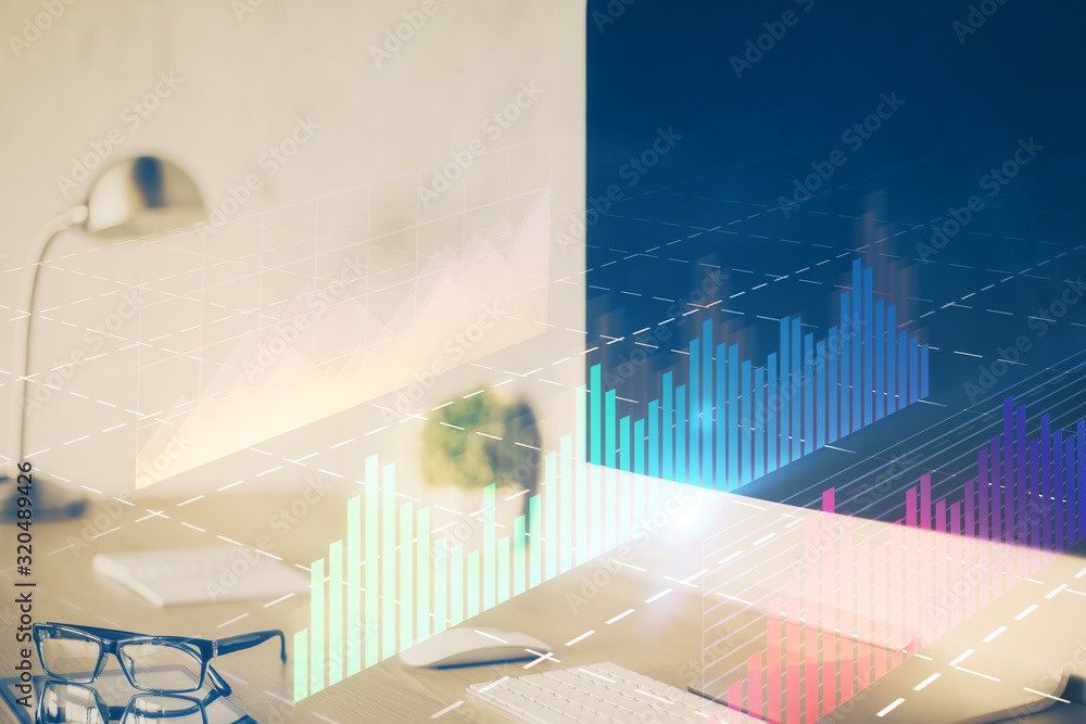Forex graph hologram on table with computer background. Multi exposure. Concept of financial markets. Forex graph hologram on table with computer background. Multi exposure. Concept of financial markets.