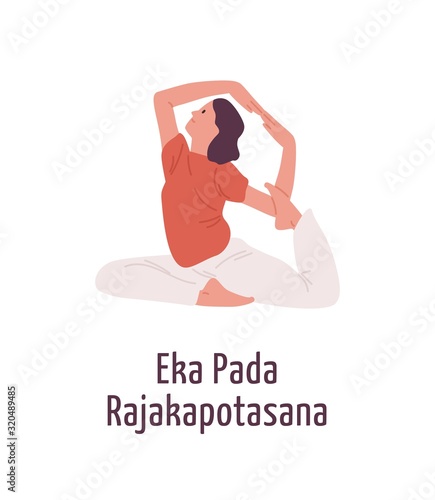 Flexible young female in eka pada rajakapotasana position vector flat illustration. Active girl demonstrating Pigeon yoga pose isolated on white. Sports woman stretching exercising workout