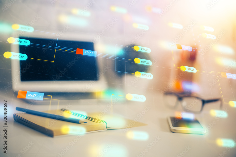 Double exposure of desktop computer and technology theme hologram. Concept of software development. Double exposure of desktop computer and technology theme hologram. Concept of software development.