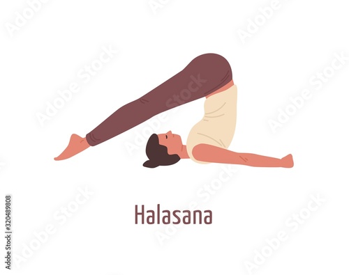 Cartoon female practicing yoga in halasana pose isolated on white. Sports woman in Plow position vector flat illustration. Yogi girl demonstrating exercise during gymnastics training