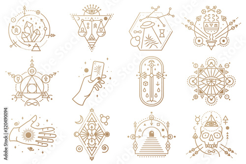 Esoteric symbols. Vector. Thin line geometric badge. Outline icon for alchemy, sacred geometry. Mystic and magic design with crystals, sun, ufo flying, stars, gate to another world and moon.