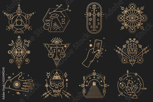 Esoteric symbols. Vector. Thin line geometric badge. Outline icon for alchemy, sacred geometry. Mystic and magic design with crystals, sun, ufo flying, stars, gate to another world and moon.