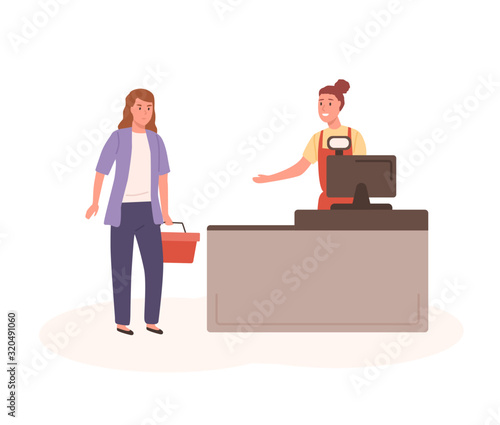 Woman shopper with basket and seller at checkout vector flat illustration