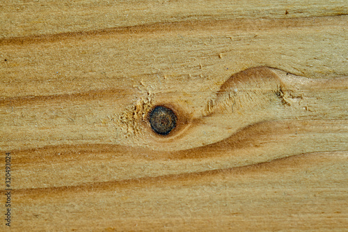 Dark knothole in a light grained wood panel, close up, texture, background, pattern photo