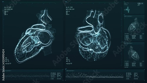 Heart scan screen animation. Blood pressure and heart rate are displayed on a modern and high-tech screen. Health data. Diagnosis of diseases. The future of MRI video. 4K Quality footage 
